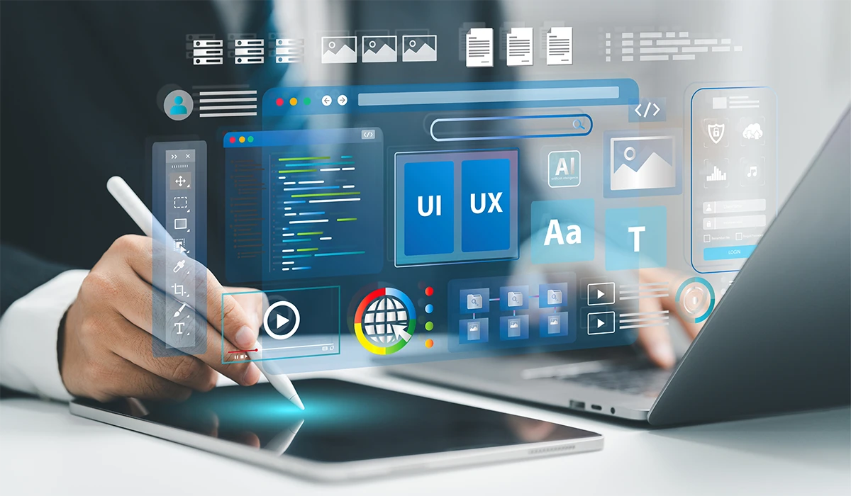 Professional web design services concept showing UIUX interface development on tablet and laptop
