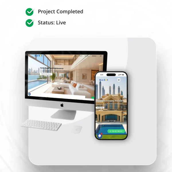 A web design showcase for Blue Bolt by Circle Out, displaying a responsive home repair and maintenance website on an iMac and iPhone, featuring luxury renovation services in Dubai 