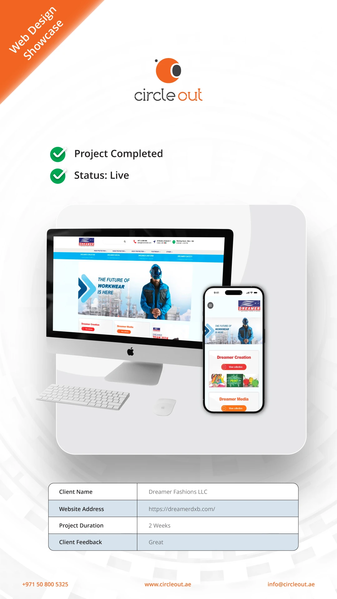 Web design showcase for Dreamer Fashions LLC by Circle Out featuring a responsive website layout on an iMac and iPhone 