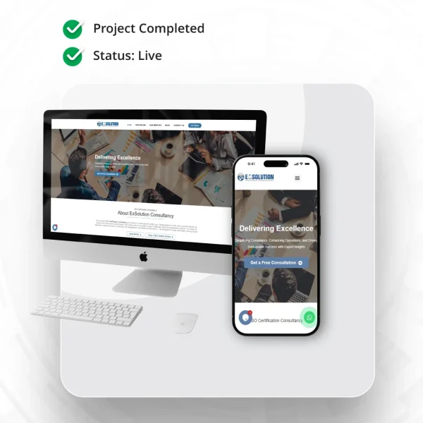 A web design showcase for ExSolution Consultancy by Circle Out, displaying a responsive professional website for ISO certification consultancy and business excellence services on an iMac and iPhone 