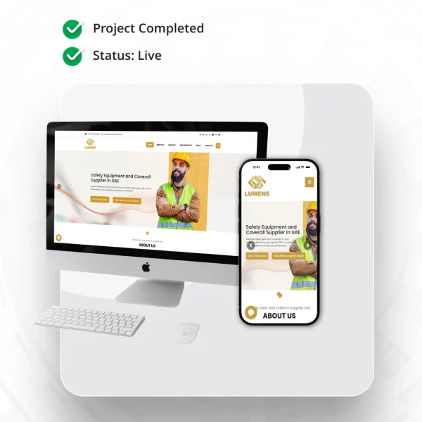 A professional web design showcase for Lumens Groups by Circle Out, featuring a responsive e commerce website for safety gear, coveralls, and PPE supplies in the UAE, displayed on an iMac and iPhone 