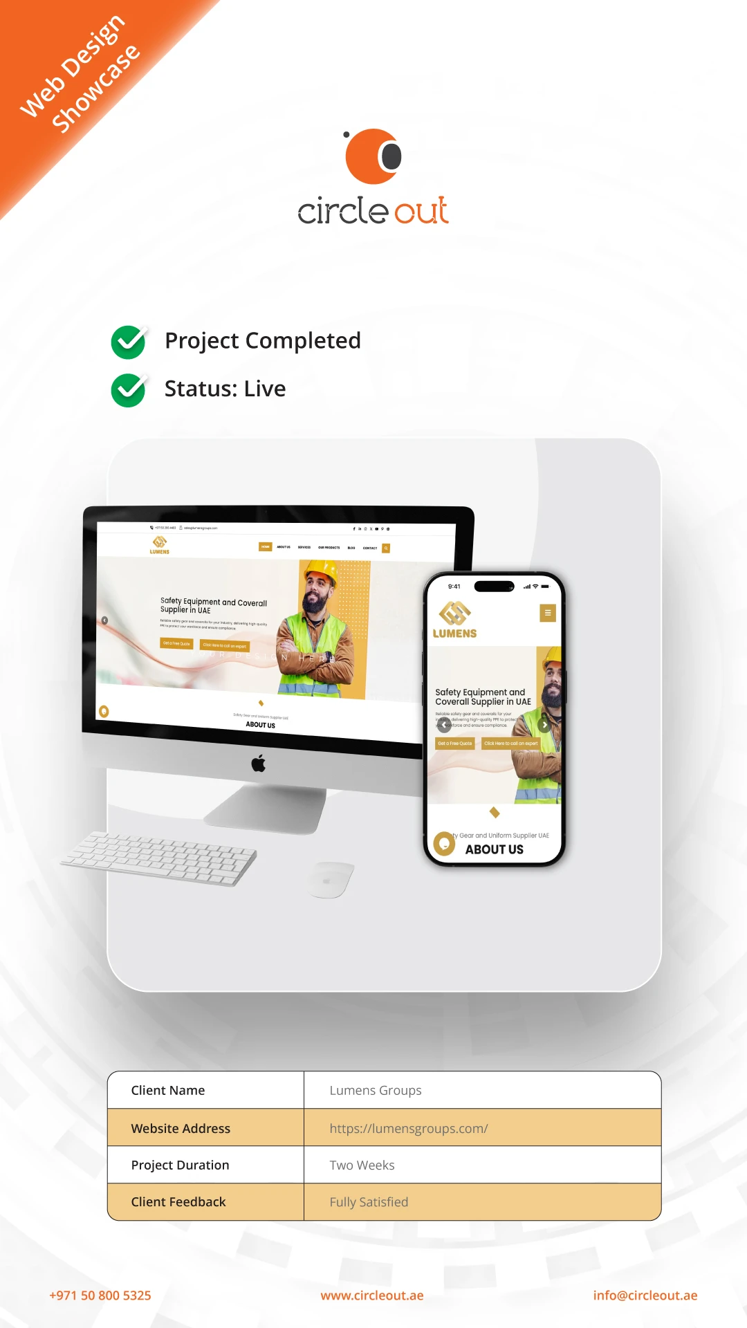 A professional web design showcase for Lumens Groups by Circle Out, featuring a responsive e commerce website for safety gear, coveralls, and PPE supplies in the UAE, displayed on an iMac and iPhone 