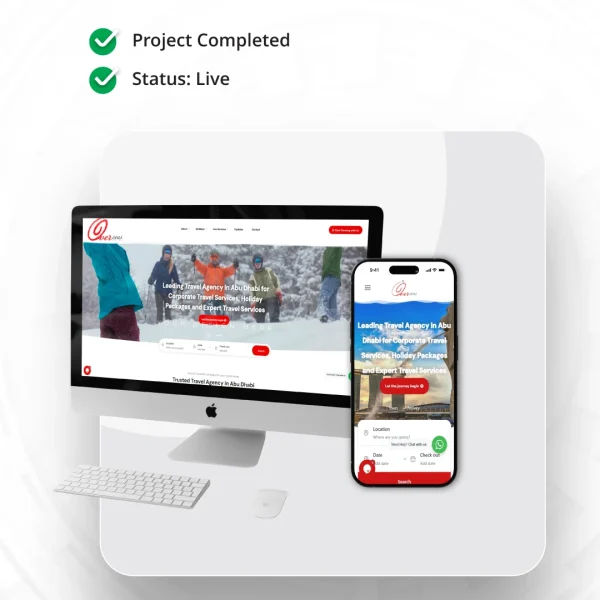 A web design showcase for Overseas Travel by Circle Out, featuring a responsive website for corporate travel services and holiday packages in Abu Dhabi, displayed on an iMac and iPhone 