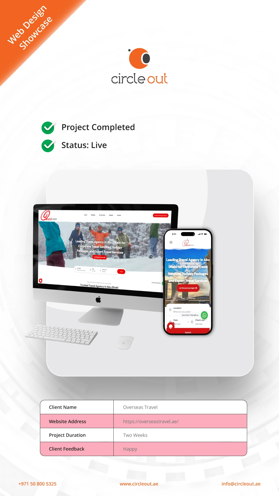 A web design showcase for Overseas Travel by Circle Out, featuring a responsive website for corporate travel services and holiday packages in Abu Dhabi, displayed on an iMac and iPhone 