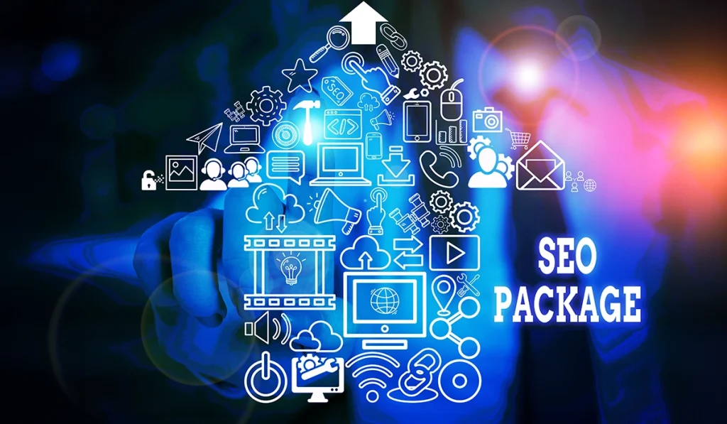 SEO package digital marketing icons and online growth concept