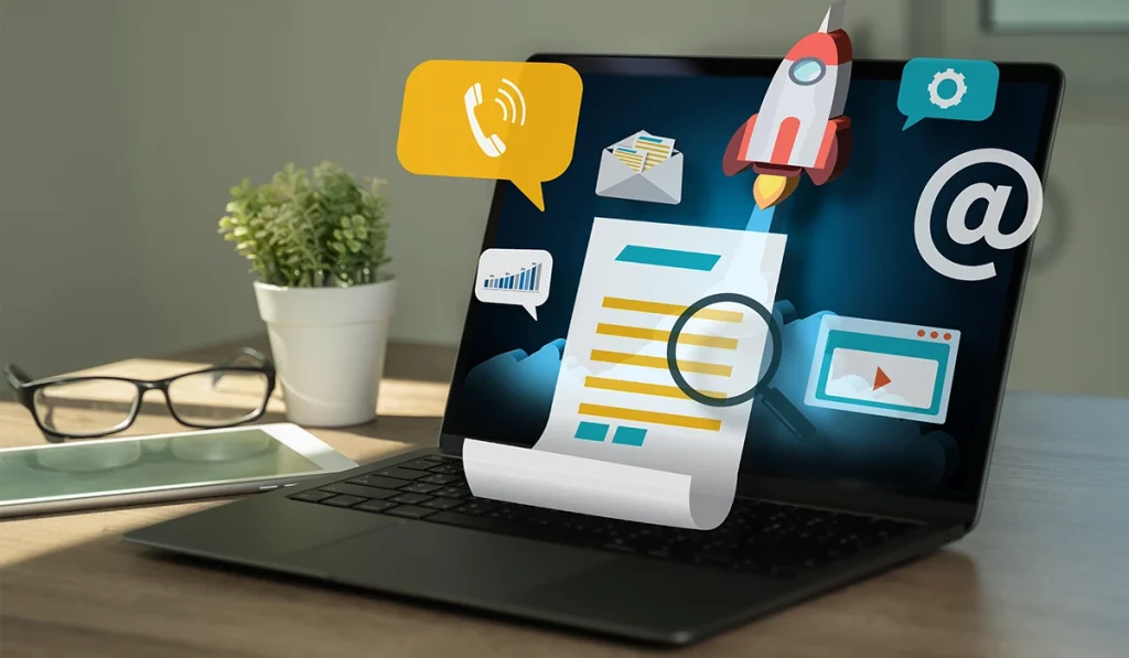 SEO strategy concept showing content analysis, email marketing, and website optimization on laptop screen