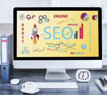 Search Engine Optimization in Dubai concept showing SEO analysis charts and website growth on computer screen