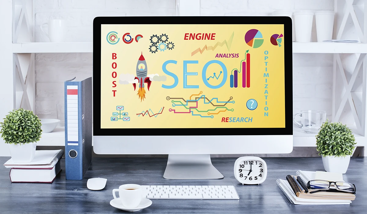 The Link Between Website Design and Search Engine Optimization in Dubai Search Engine Optimization in Dubai concept showing SEO analysis charts and website growth on computer screen