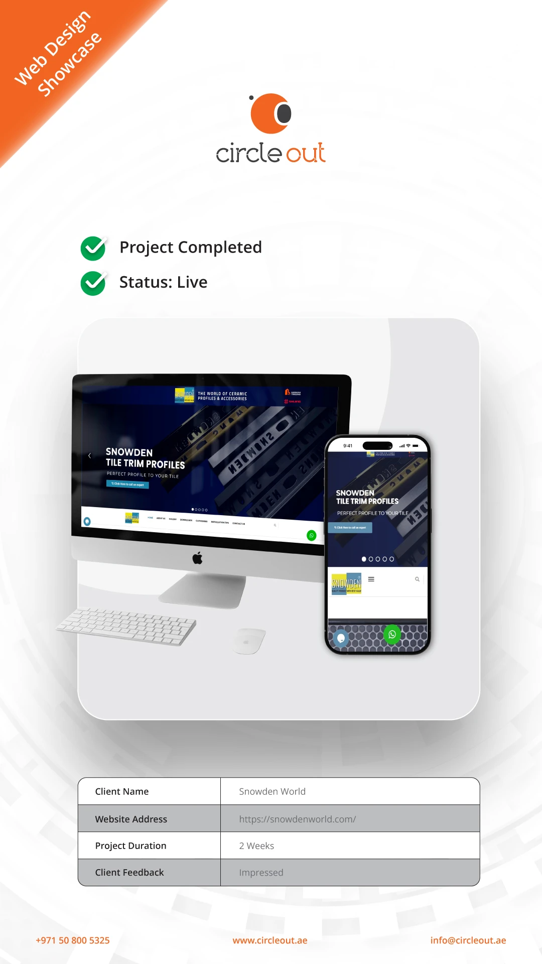 A professional web design showcase for Snowden World by Circle Out, displaying a responsive website for ceramic tile trim profiles and flooring accessories on an iMac and iPhone 