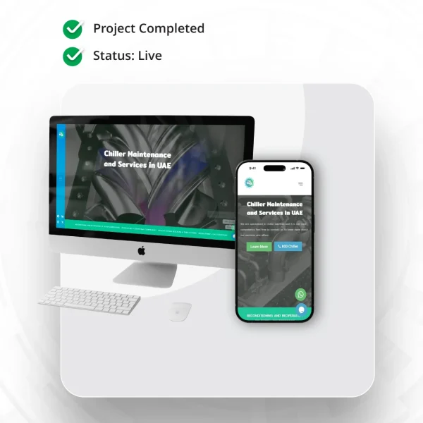 A professional web design showcase for Weathermakers by Circle Out, featuring a responsive industrial website for chiller maintenance and services in the UAE displayed on an iMac and iPhone 