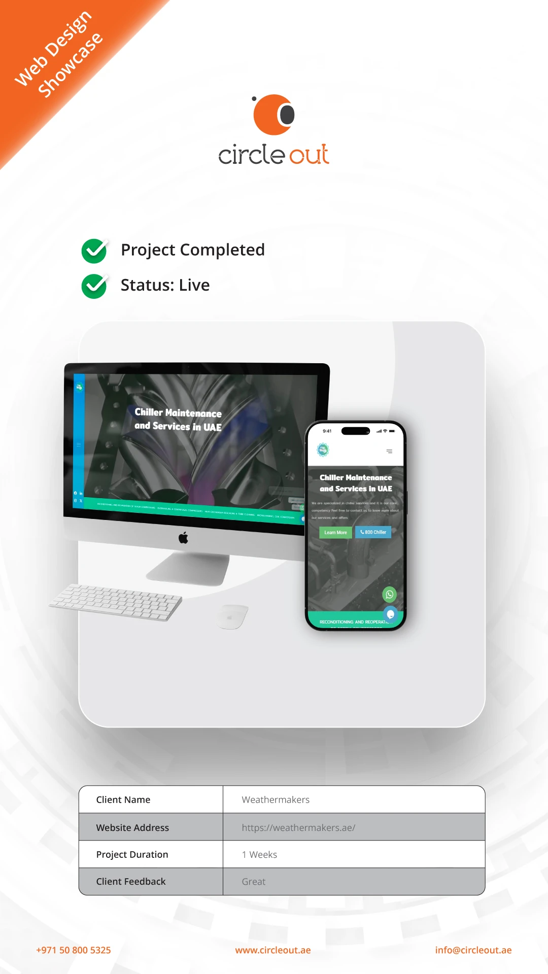 A professional web design showcase for Weathermakers by Circle Out, featuring a responsive industrial website for chiller maintenance and services in the UAE displayed on an iMac and iPhone 