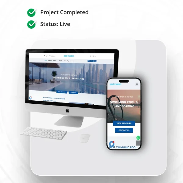 Web design showcase by Circle Out for Poolmasters, a swimming pool and landscaping company in Dubai, featuring the responsive website displayed on a desktop monitor and smartphone 