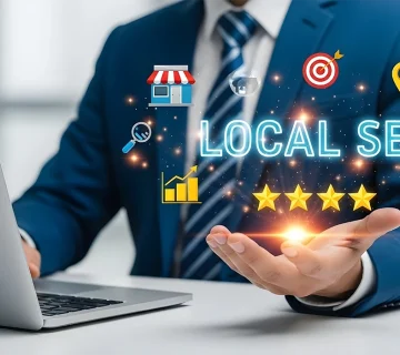 Business professional using laptop with local SEO optimization icons showing how service based businesses improve online visibility