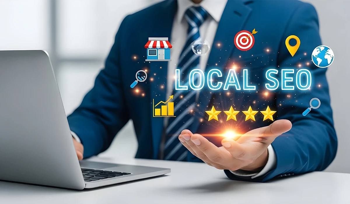 Business professional using laptop with local SEO optimization icons showing how service based businesses improve online visibility