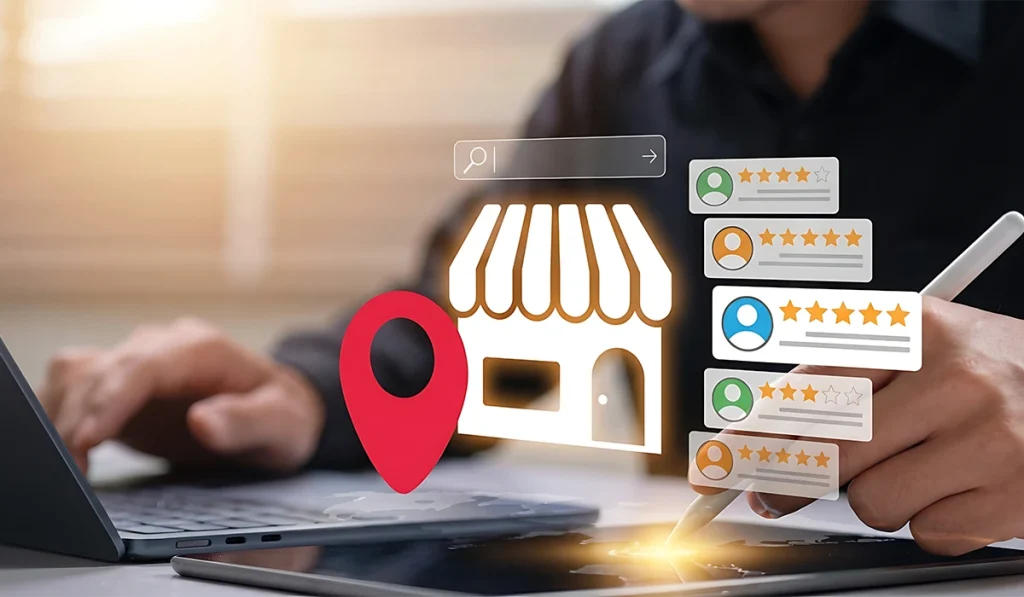 Local SEO concept showing business location pin, customer reviews, and ratings on search platform