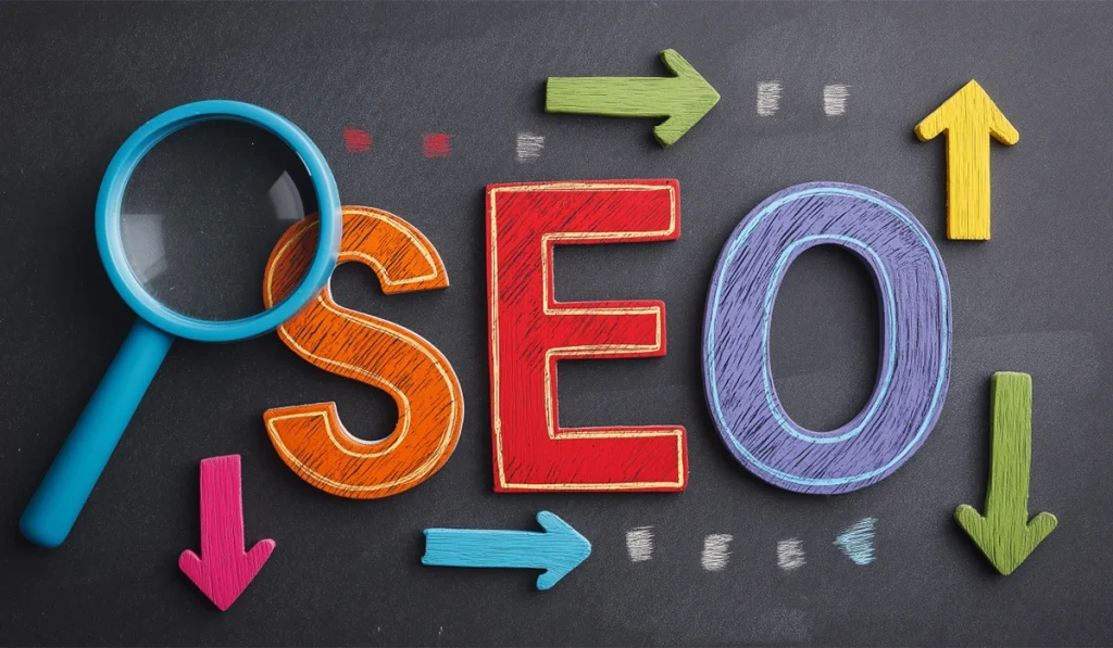 SEO concept with magnifying glass and directional arrows indicating website growth and visibility