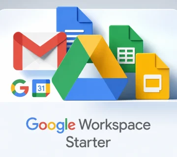 Google Workspace Starter dashboard illustration featuring Gmail, Google Drive, Docs, Sheets, Slides, and Calendar icons in a modern workspace design 