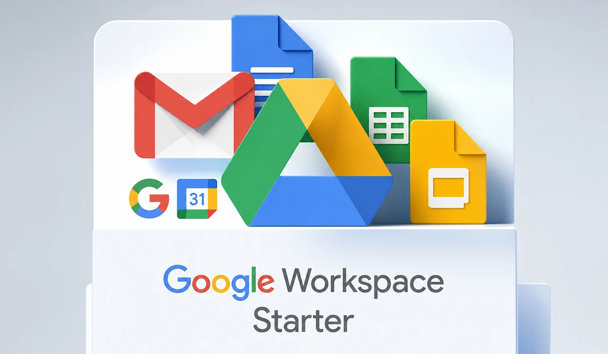 Google Workspace Starter dashboard illustration featuring Gmail, Google Drive, Docs, Sheets, Slides, and Calendar icons in a modern workspace design 