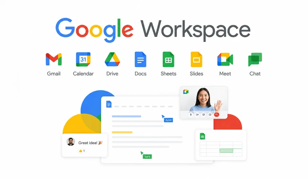 Google Workspace interface illustration showing Gmail, Calendar, Drive, Docs, Sheets, Slides, Meet, and Chat apps with collaborative document and video meeting features 