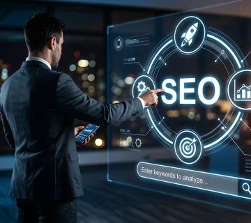Businessman interacting with a digital dashboard displaying SEO Agency Services analytics, keyword search, growth charts, and optimization metrics 