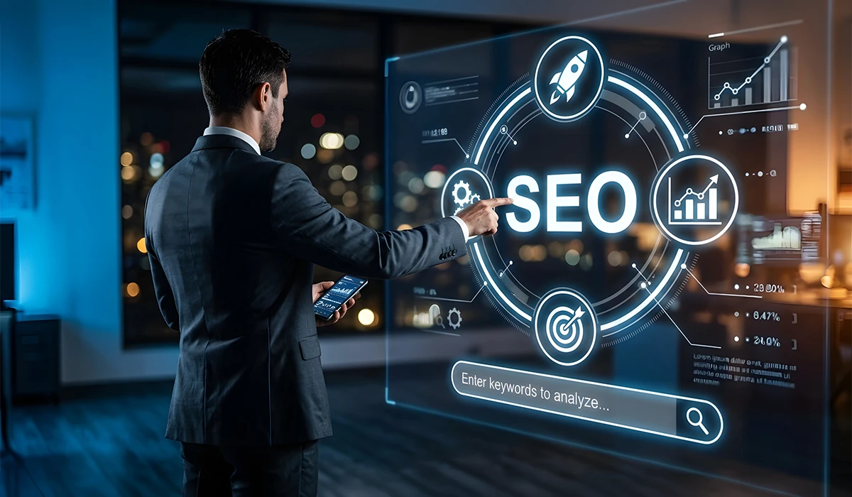 Businessman interacting with a digital dashboard displaying SEO Agency Services analytics, keyword search, growth charts, and optimization metrics 