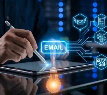 Email Hosting Service interface displayed on a digital tablet, showing email management, communication, analytics, and automation features in a secure business technology environment 