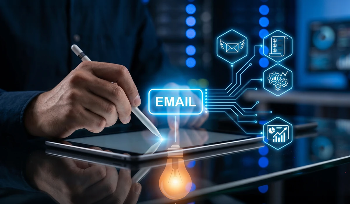 Email Hosting Service interface displayed on a digital tablet, showing email management, communication, analytics, and automation features in a secure business technology environment 