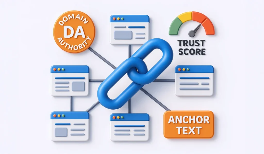 SEO backlink illustration showing connected web pages, a chain link, domain authority, trust score, and anchor text metrics 