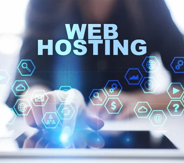 A hand touching a digital web hosting interface featuring cloud and server management icons representing the services of a Web Hosting Company in Dubai