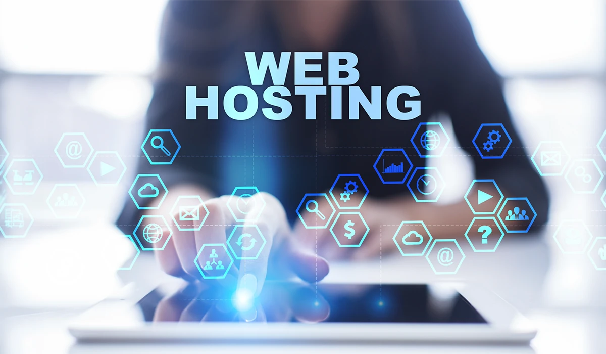 A hand touching a digital web hosting interface featuring cloud and server management icons representing the services of a Web Hosting Company in Dubai