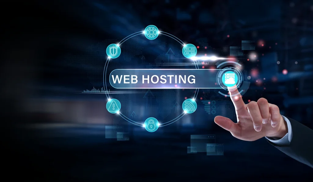 Business professional selecting a web hosting interface with cloud and server management icons