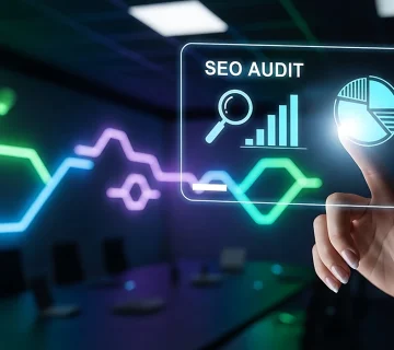 Professional using a holographic SEO audit dashboard with charts and analytics, highlighting the expertise of an SEO services provider in improving website performance