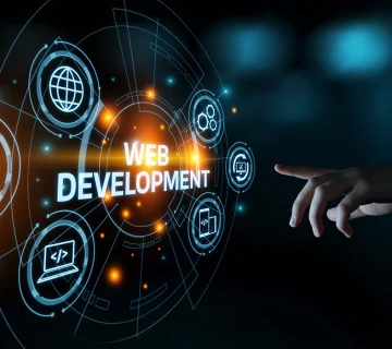 Web Development Dubai concept with digital coding interface and modern web technology icons