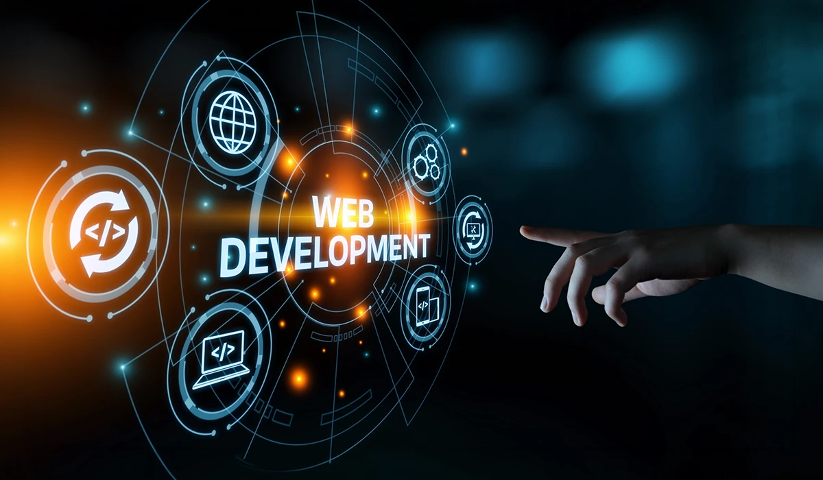 Web Development Dubai concept with digital coding interface and modern web technology icons
