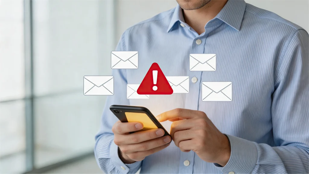 A person using a smartphone with email icons and a prominent warning symbol indicating an email communication error 