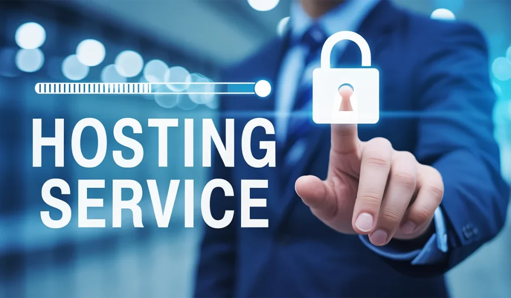 Business professional interacting with a digital lock icon, representing secure and reliable hosting services