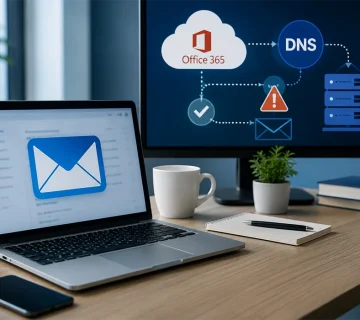 Office 365 email subscription showing an email and DNS configuration error with a warning symbol on the screen