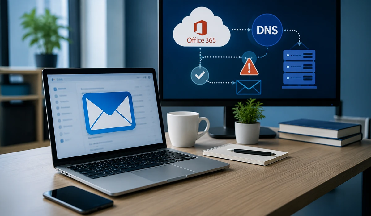 Office 365 email subscription showing an email and DNS configuration error with a warning symbol on the screen