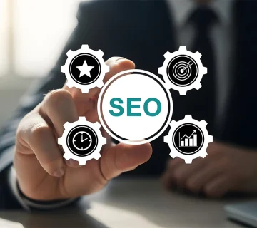 Business professional highlighting SEO strategy with optimisation icons, representing expert SEO firms focused on improving search rankings, performance, and online growth 