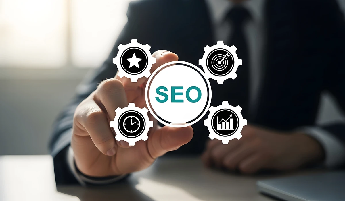 Business professional highlighting SEO strategy with optimisation icons, representing expert SEO firms focused on improving search rankings, performance, and online growth 