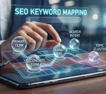 SEO keyword mapping on a smartphone, representing primary, secondary, and long tail keywords used by SEO Consultants Dubai 