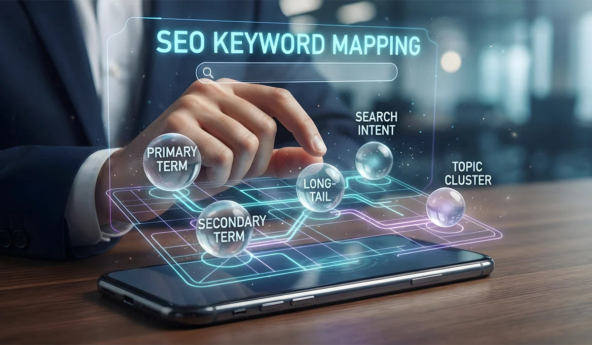 SEO keyword mapping on a smartphone, representing primary, secondary, and long tail keywords used by SEO Consultants Dubai 
