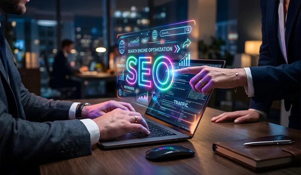 SEO professionals working on a laptop with digital SEO, traffic, and keyword analytics displayed on screen 