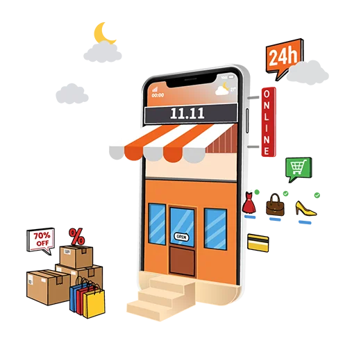 E commerce shopping online store illustration with mobile phone and retail products