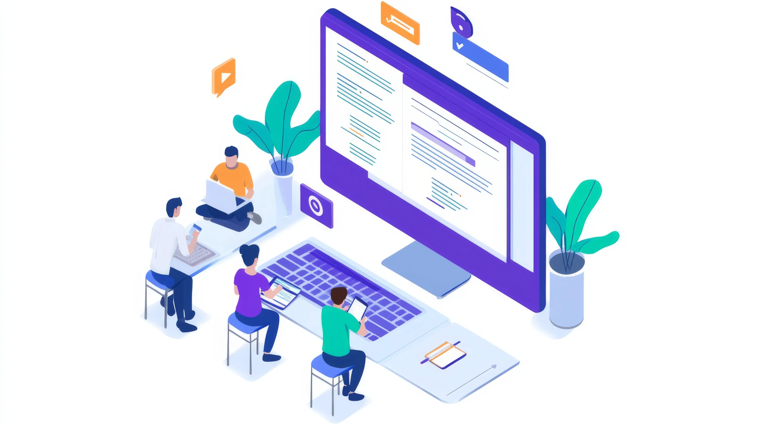 Illustration of a team collaborating on web services through an online platform, with people working together around a large computer displaying digital web content and tools