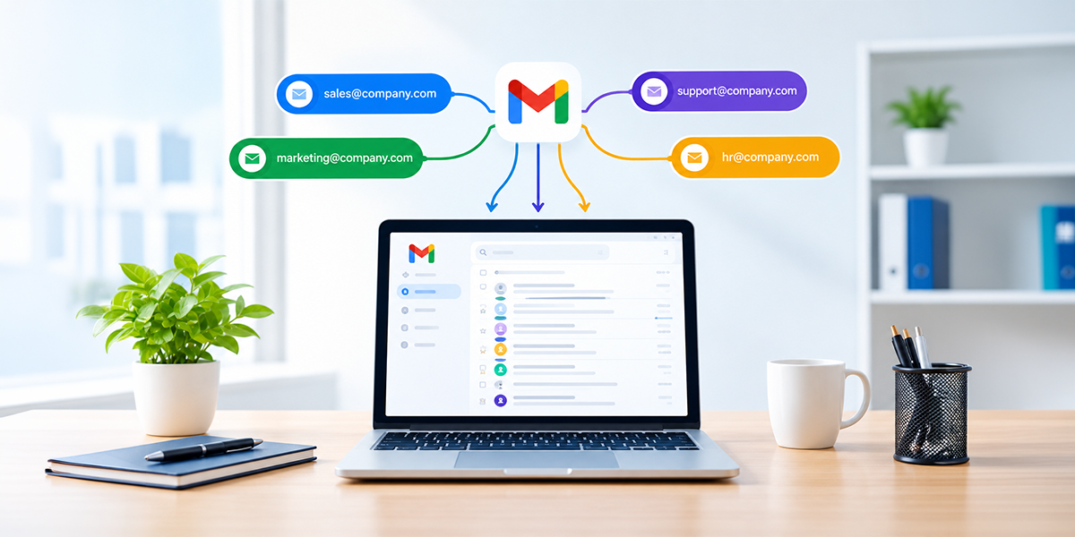 Laptop displaying Gmail with multiple business email aliases sales, marketing, support, and HR connected to a central inbox, illustrating streamlined team communication 