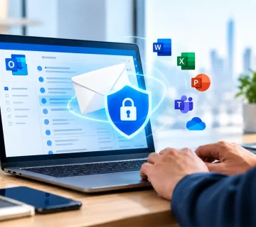 Microsoft 365 Business Email with phishing protection, showing a secure email shield on a laptop alongside MS Office applications