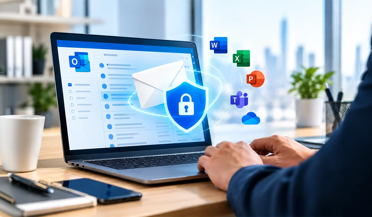 Microsoft 365 Business Email with phishing protection, showing a secure email shield on a laptop alongside MS Office applications