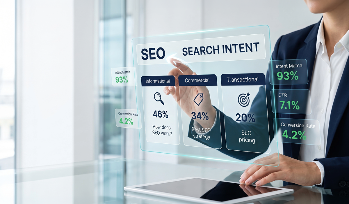 SEO company in Dubai professional analyzing search intent, SEO performance, and digital marketing metrics on an interactive display 