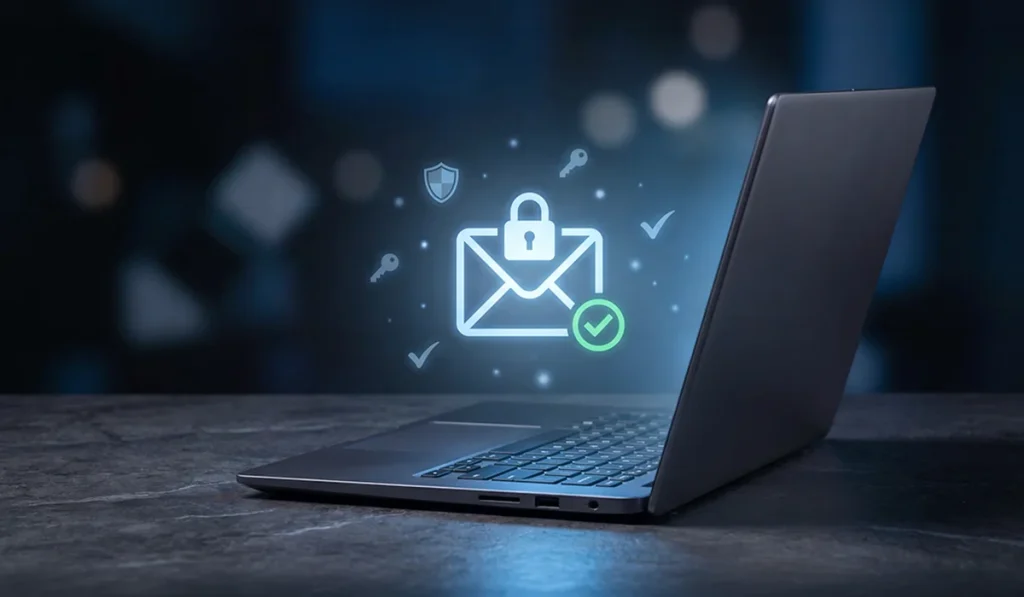 Secure email protection on a laptop with a locked email envelope, shield, key and verification icons 